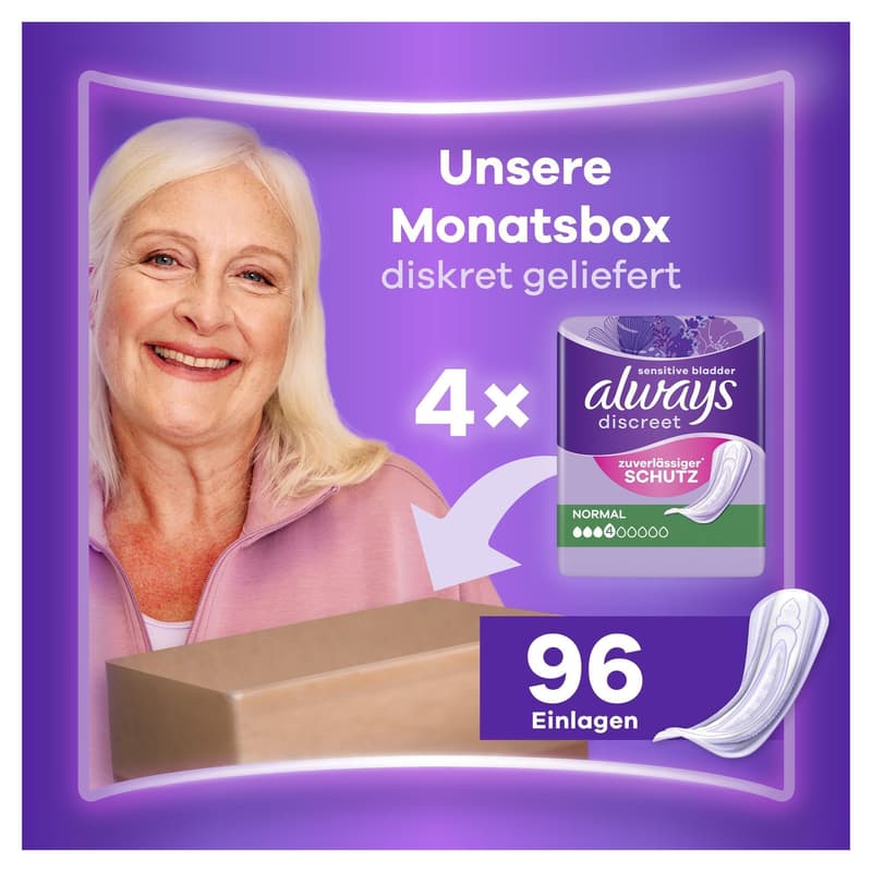 Always Discreet Inkontinenz-Einlagen Normal Monatspaket bei Blasenschwäche, 96 Einlagen (4 Packungen x 24 Stück)