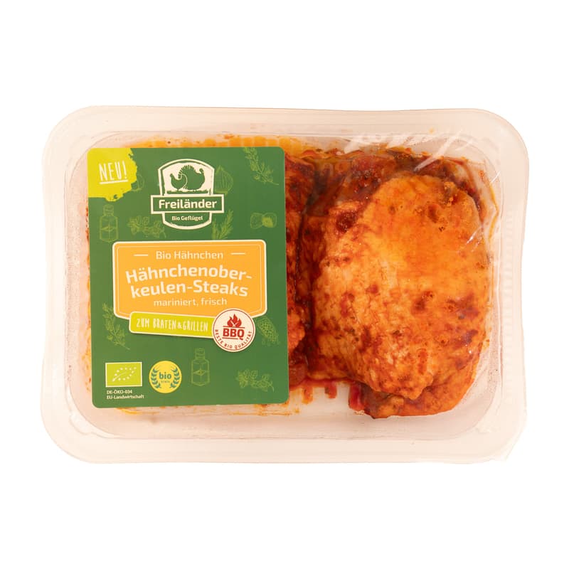 Freiländer BIO Hähnchenoberkeulensteaks mit Haut in Paprika-Marinade