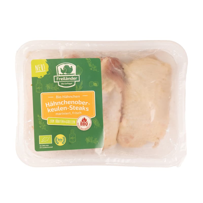 Freiländer BIO Hähnchenoberkeulensteaks mit Haut in Joghurt-Knoblauch-Marinade