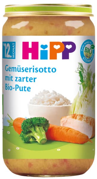 HiPP Organic Menus from 12 months Vegetable risotto with tender organic turkey