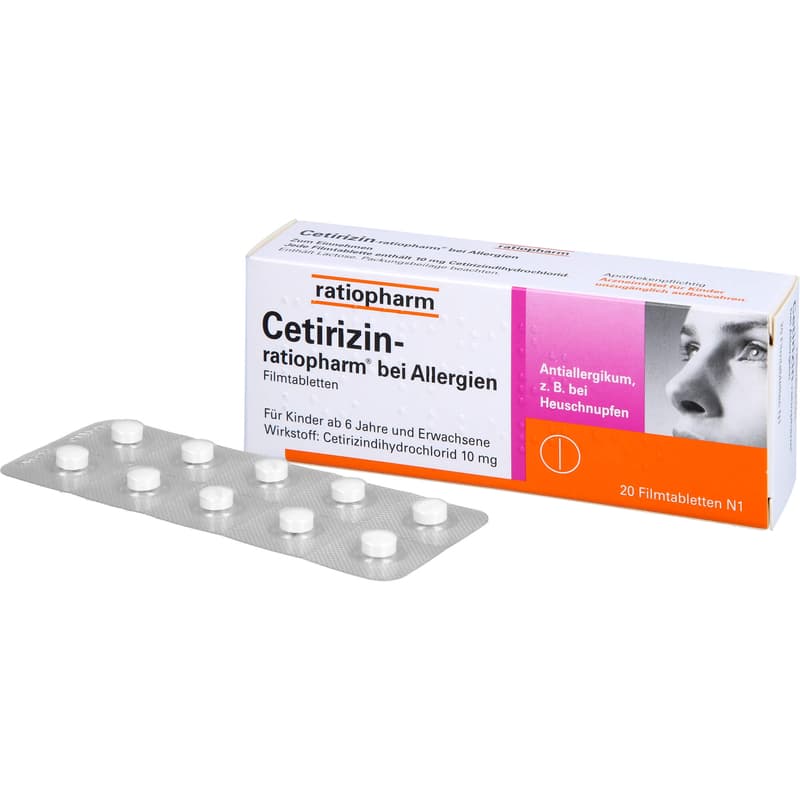 CETIRIZIN-ratiopharm for allergies 10 mg film-coated tablets.