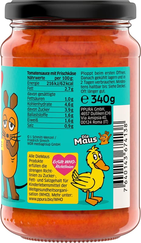 PPURA ORGANIC tomato sauce for children with cream cheese