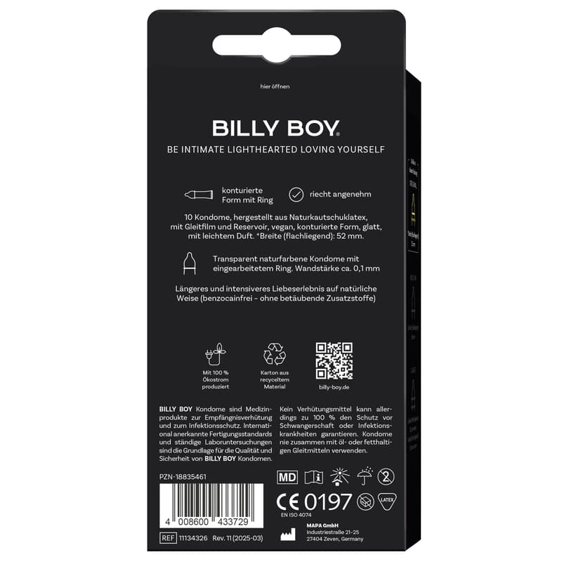 BILLY BOY Länger Lieben 10-pack, condoms with integrated ring for a tighter fit and longer fun