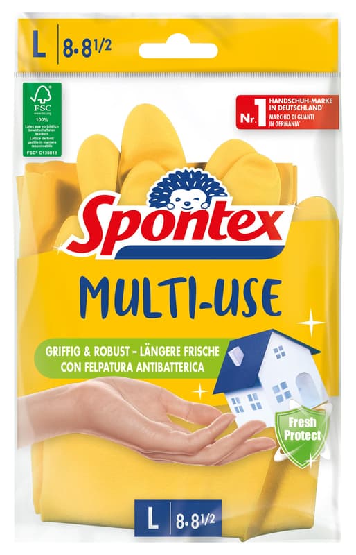 Spontex Multi Use, household gloves with freshness protection and FSC natural latex, cotton flocked inside, size L