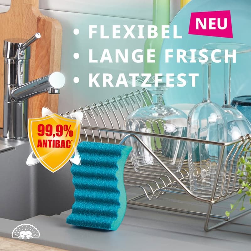 Spontex Flexy Fresh x4, the efficient cleaning sponge with antibacterial protection, flexible, long-lasting freshness, scratch-free, pack of 4