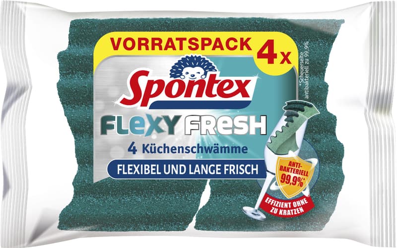 Spontex Flexy Fresh x4, the efficient cleaning sponge with antibacterial protection, flexible, long-lasting freshness, scratch-free, pack of 4