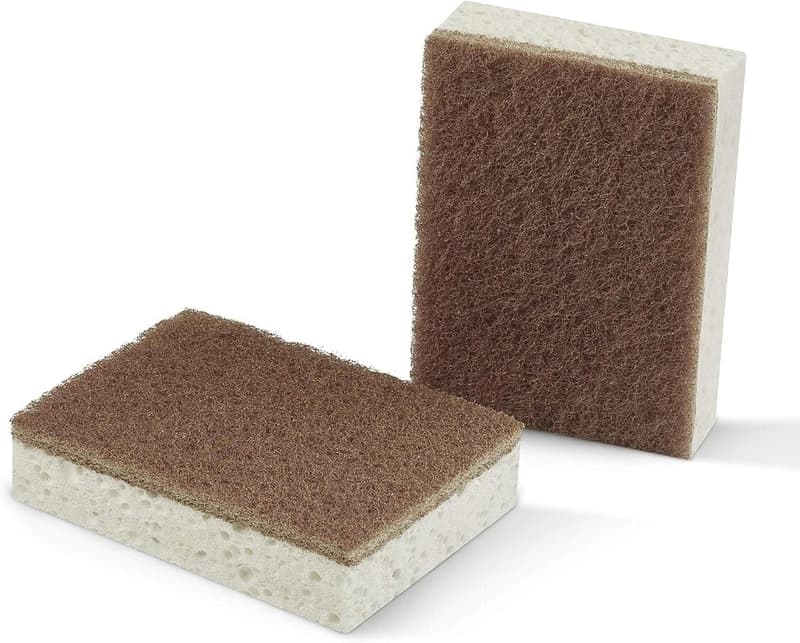Spontex Pure Power x2 scouring sponges with scouring fleece made from 100% recycled fibres with walnut particles for greater efficiency, pack of 2