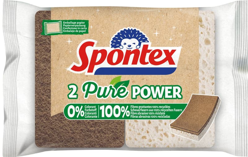 Spontex Pure Power x2 scouring sponges with scouring fleece made from 100% recycled fibres with walnut particles for greater efficiency, pack of 2
