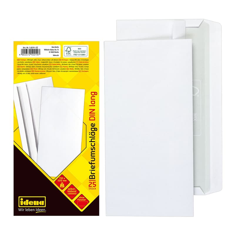Idena Briefumschläge 75g/m² selbstklebend ohne Fenster weiß DIN lang 25 Stück