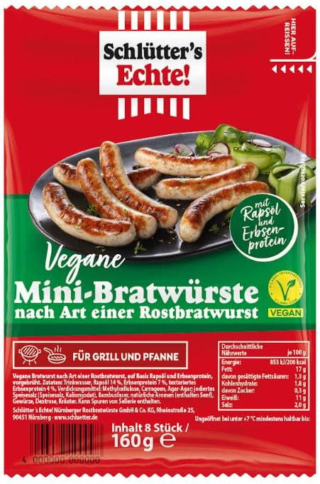 Schlütter's Echte vegane Mini-Bratwürste nach Art einer Rostbratwurst