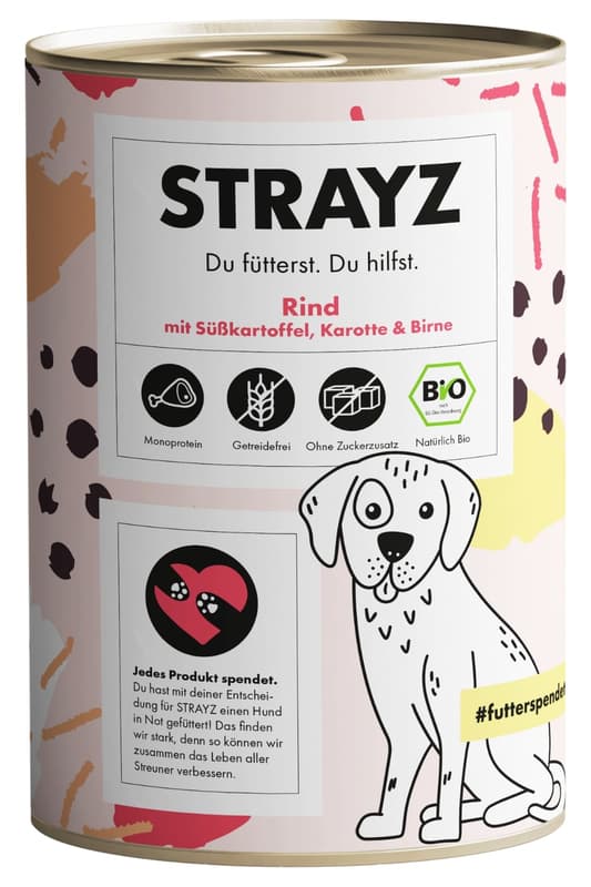 STRAYZ ORGANIC wet dog food beef with sweet potato, carrot & pear