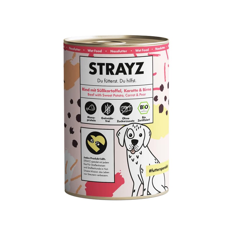 STRAYZ BIO Hund Nassfutter Rind mit Süßkartoffel, Karotte & Birne
