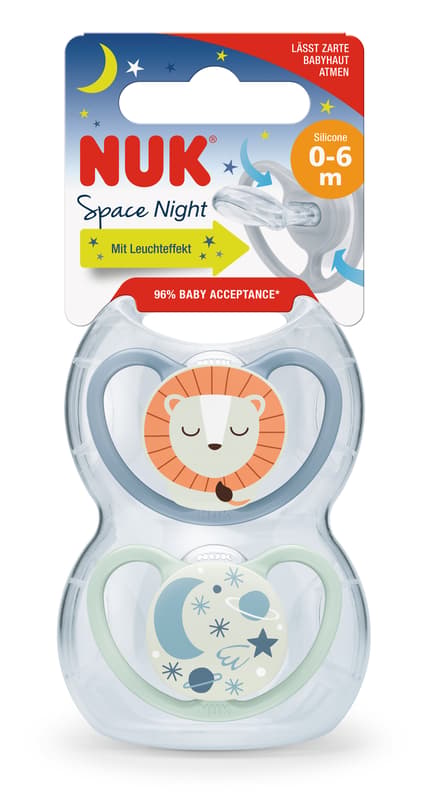 NUK Space Night Silikon-Schnuller 18-36 Monate, 2 Stück, blau & mint