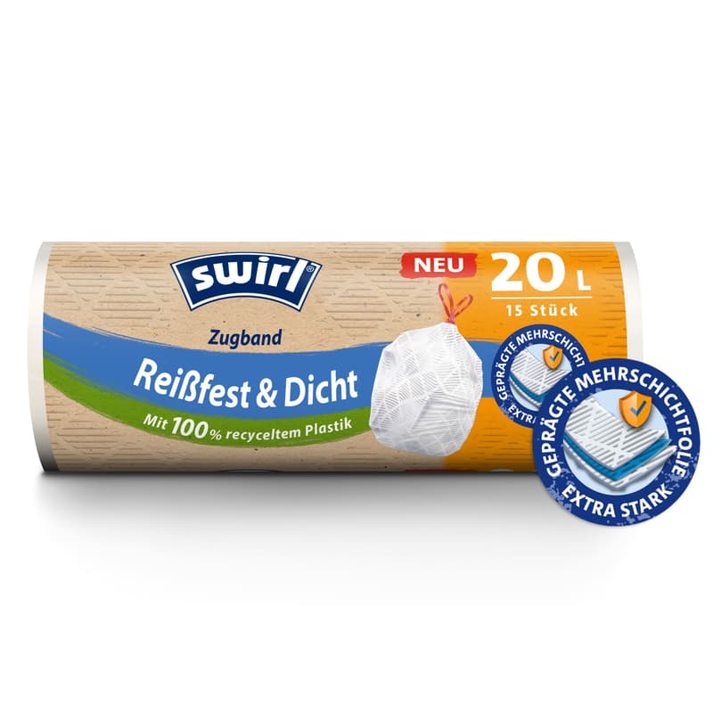 Swirl, Müllbeutel, Beutel, Mehrschichtfolie, melitta, Müll, beutel, abfall, Recycling, Mülltüte, Müllsack, Abfallsack, haushaltsprodukte, hausmüll, zugband, zugbandbeutel