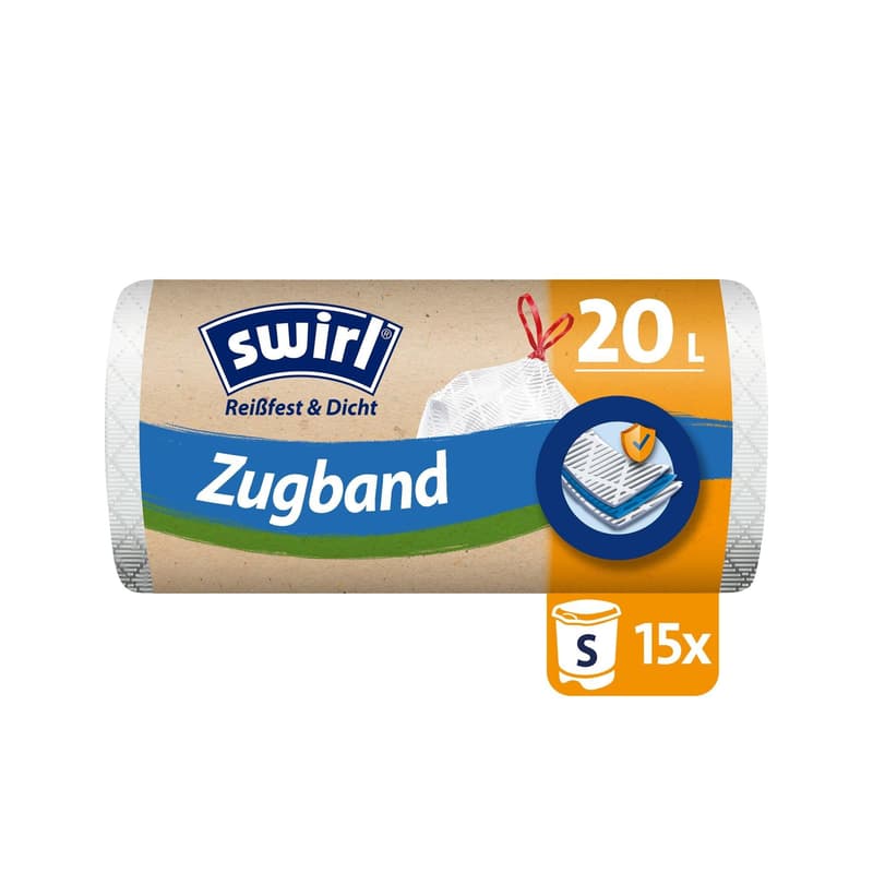Swirl, Müllbeutel, Beutel, Mehrschichtfolie, melitta, Müll, beutel, abfall, Recycling, Mülltüte, Müllsack, Abfallsack, haushaltsprodukte, hausmüll, zugband, zugbandbeutel