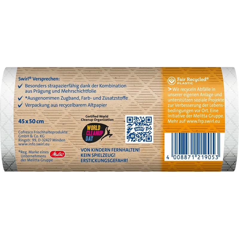 Swirl, Müllbeutel, Beutel, Mehrschichtfolie, melitta, Müll, beutel, abfall, Recycling, Mülltüte, Müllsack, Abfallsack, haushaltsprodukte, hausmüll, zugband, zugbandbeutel