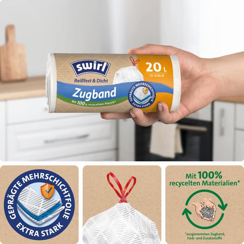 Swirl, Müllbeutel, Beutel, Mehrschichtfolie, melitta, Müll, beutel, abfall, Recycling, Mülltüte, Müllsack, Abfallsack, haushaltsprodukte, hausmüll, zugband, zugbandbeutel
