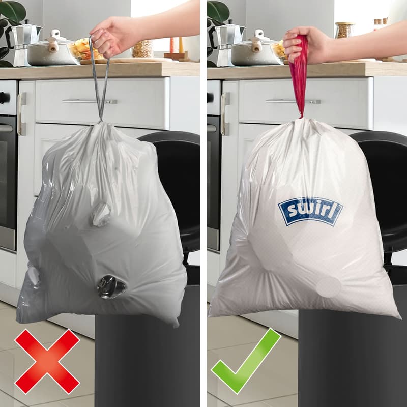 Swirl, Müllbeutel, Müll, Beutel, Abfall, Recycling, Mülltüte, Müllsack, Abfallsack, Haushaltsprodukte, Hausmüll, Zugband, Zugbandmüllbeutel