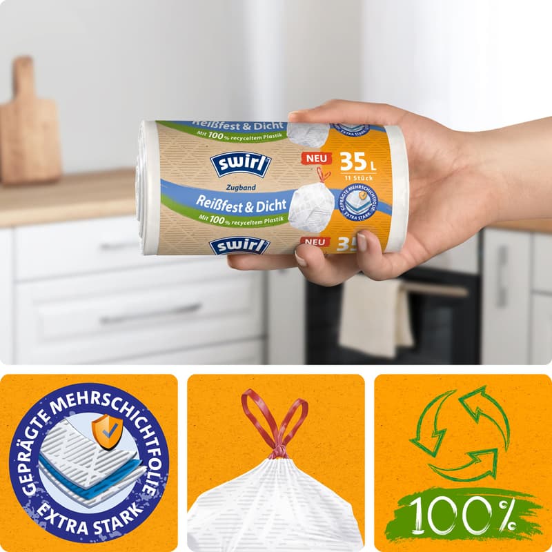 Swirl, Müllbeutel, Müll, Beutel, Abfall, Recycling, Mülltüte, Müllsack, Abfallsack, Haushaltsprodukte, Hausmüll, Zugband, Zugbandmüllbeutel