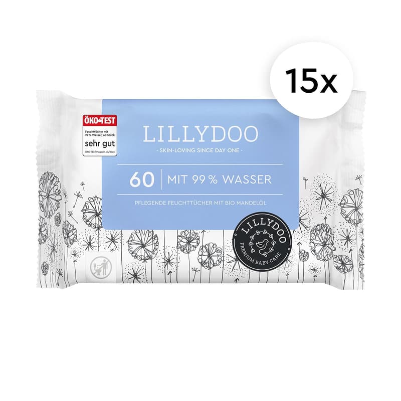 LILLYDOO Feuchttücher mit 99 % Wasser , 15 x 60 Stück