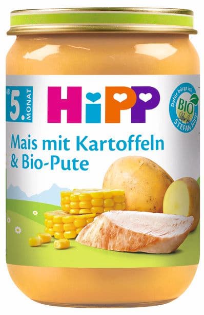 HiPP organic menus from 5 months corn with potatoes and organic turkey