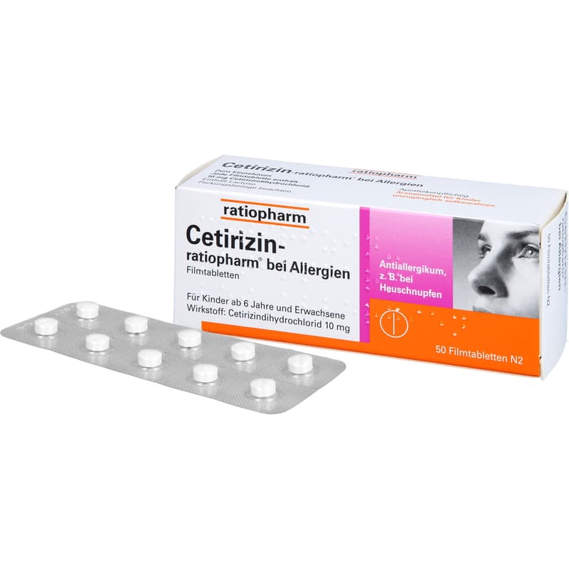 CETIRIZIN-ratiopharm for allergies 10 mg film-coated tablets.