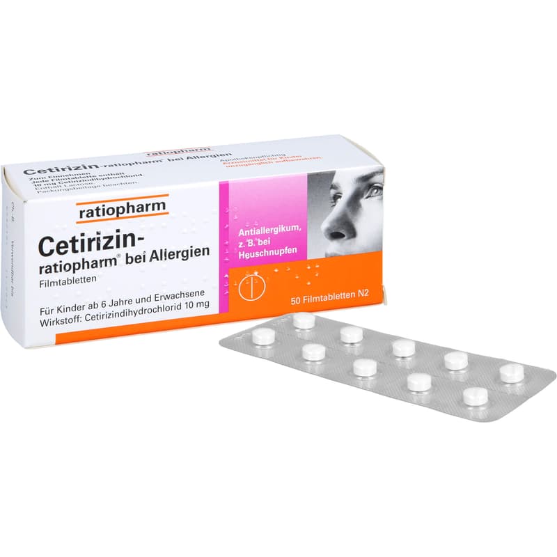 CETIRIZIN-ratiopharm for allergies 10 mg film-coated tablets.