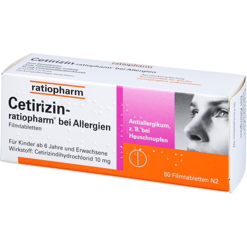 CETIRIZIN-ratiopharm for allergies 10 mg film-coated tablets.