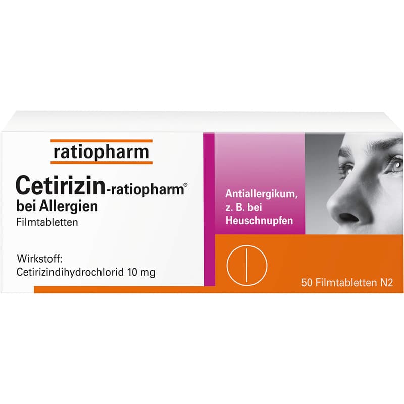 CETIRIZIN-ratiopharm for allergies 10 mg film-coated tablets.