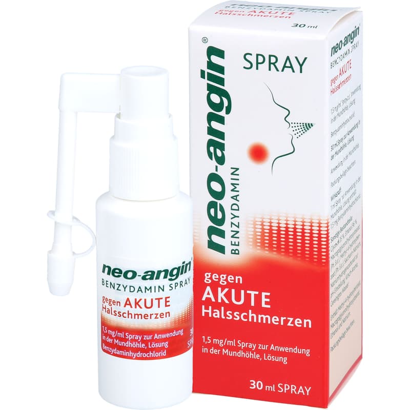 NEO-ANGIN Benzydamine spray for acute sore throats.