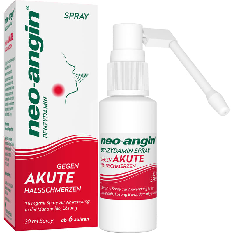 NEO-ANGIN Benzydamine spray for acute sore throats.