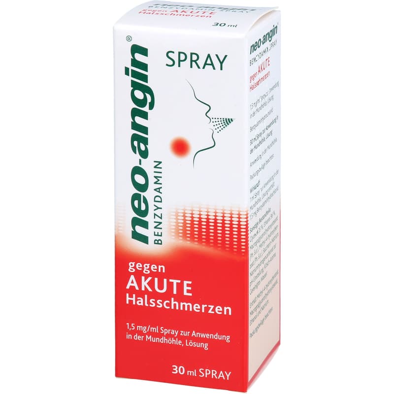 NEO-ANGIN Benzydamine spray for acute sore throats.
