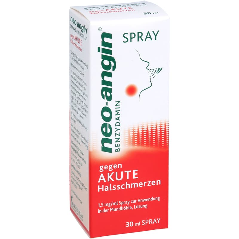 NEO-ANGIN Benzydamine spray for acute sore throats.