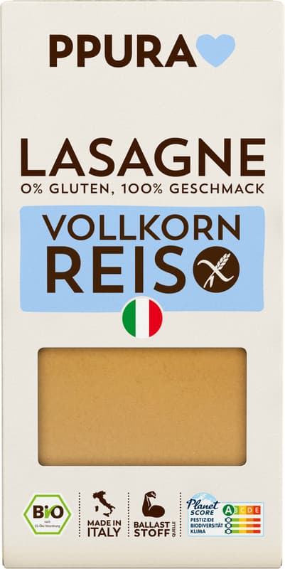 PPURA BIO lasagne made from wholegrain rice (gluten-free)