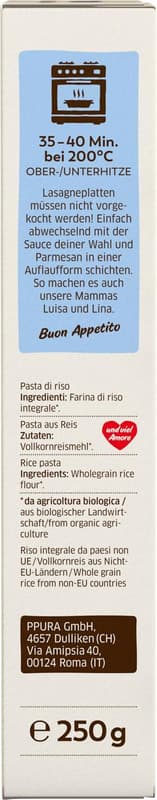 PPURA BIO lasagne made from wholegrain rice (gluten-free)