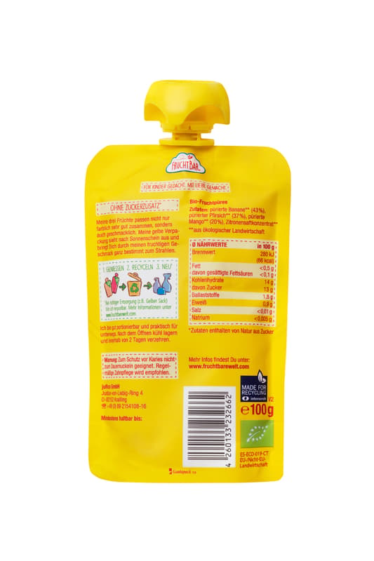 FruchtBar BIO fruit puree mango, peach, banana