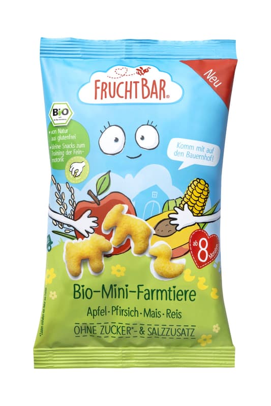 FruchtBar BIO mini farm animals apple, peach, sweetcorn, rice