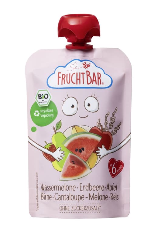 FruchtBar BIO Fruchtpüree Wassermelone, Erdbeere, Apfel, Birne, Cantaloupe-Melone, Reis