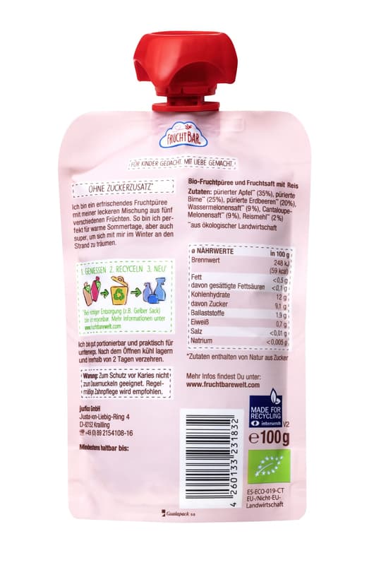 FruchtBar BIO Fruchtpüree Wassermelone, Erdbeere, Apfel, Birne, Cantaloupe-Melone, Reis