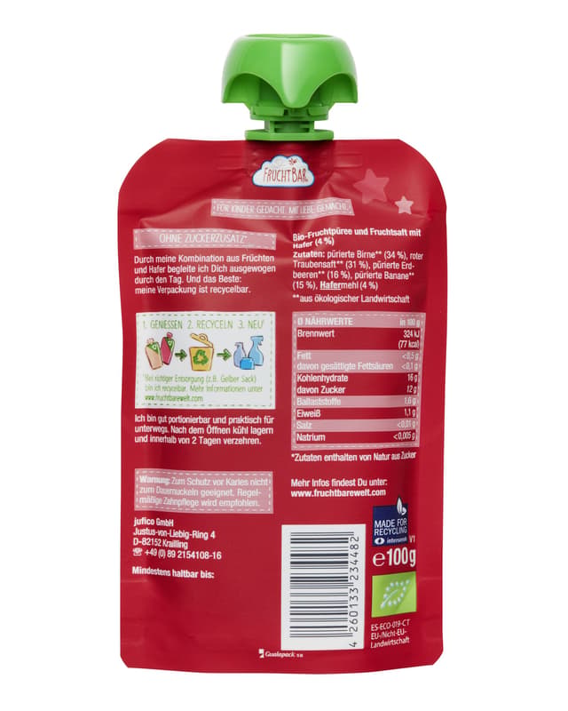 FruchtBar BIO fruit puree ‘Kleiner Schatz’ strawberry, pear, grape, banana, oats