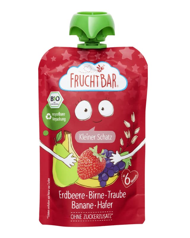 FruchtBar BIO fruit puree ‘Kleiner Schatz’ strawberry, pear, grape, banana, oats