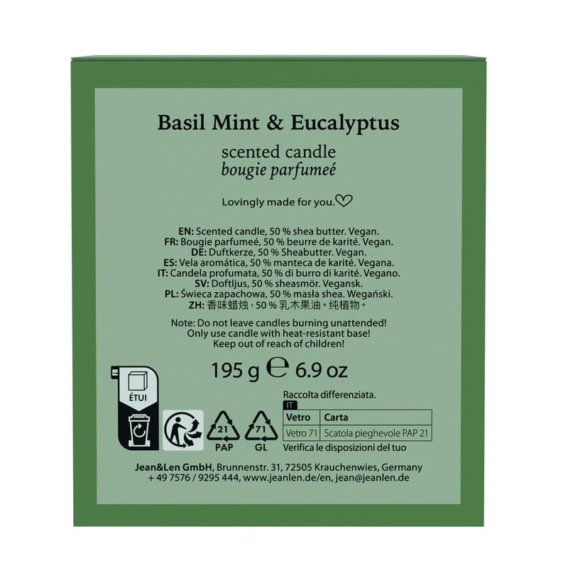 Jean&Len Scented Candle Basil Mint & Eucalyptus