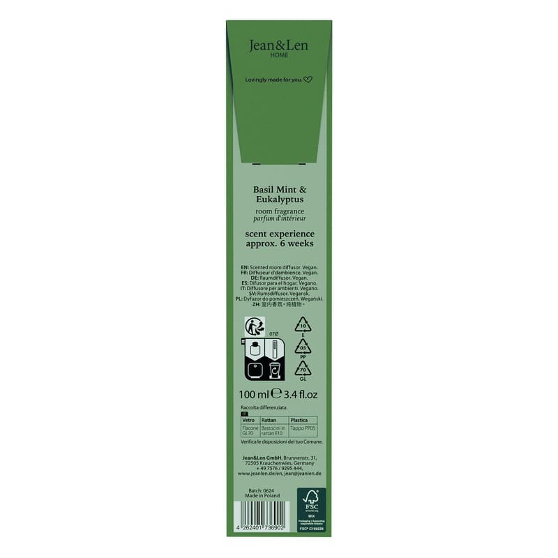 Jean&Len Scented Room Diffusor Basil Mint & Eucalyptus
