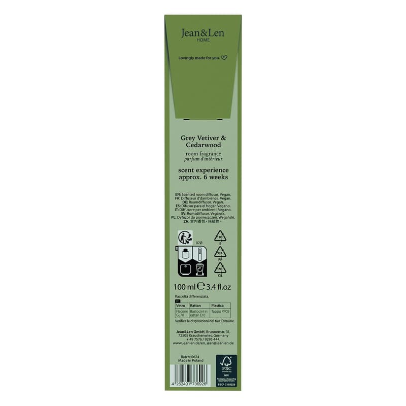 Jean&Len Scented Room Diffusor Grey Vetiver & Cedarwood