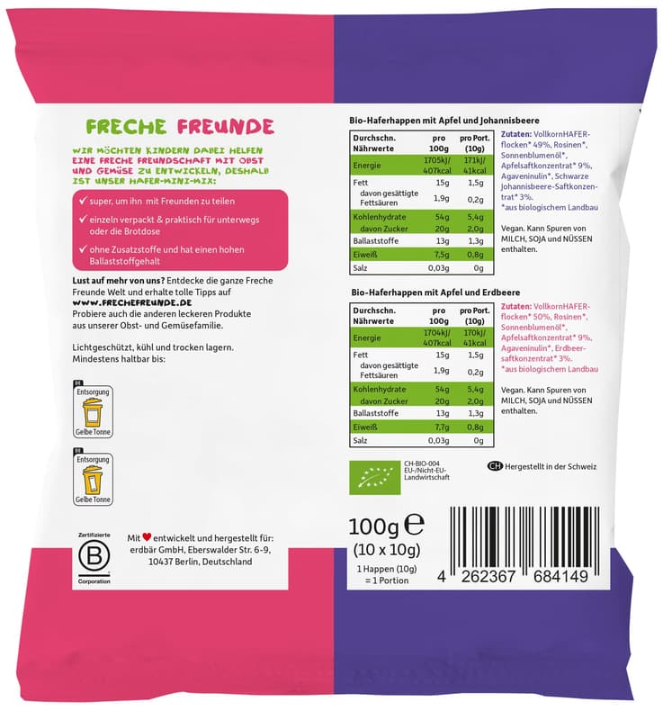 Freche Freunde Bio Hafer-Mini-Mix Apfel & Erdbeere und Apfel & schwarze Johannisbeere