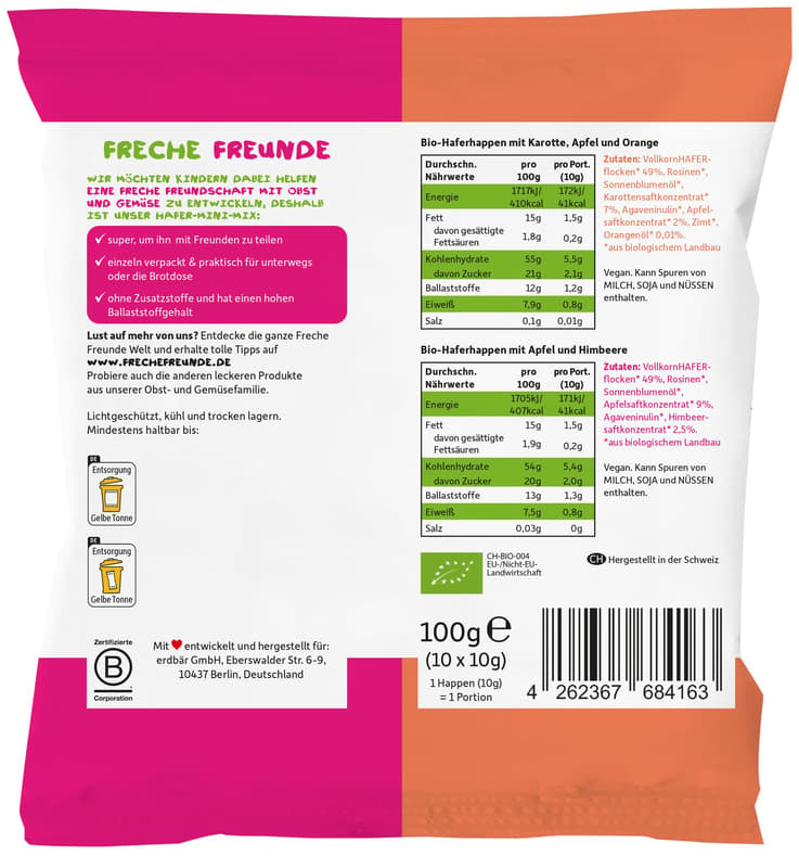 Freche Freunde Bio Hafer-Mini-Mix Apfel, Karotte & Orange und Apfel & Himbeere