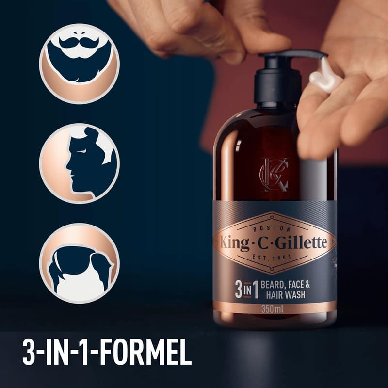 King C. Gillette 3-in-1 Bart-, Gesichts- und Haarwaschgel für Männer