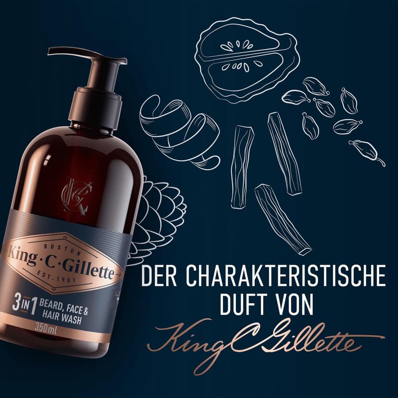 King C. Gillette 3-in-1 Bart-, Gesichts- und Haarwaschgel für Männer
