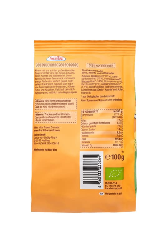 FruchtBar Bio-Bauernhof-Kekse mit Birne, Apfel, Karotte und Süßkartoffel