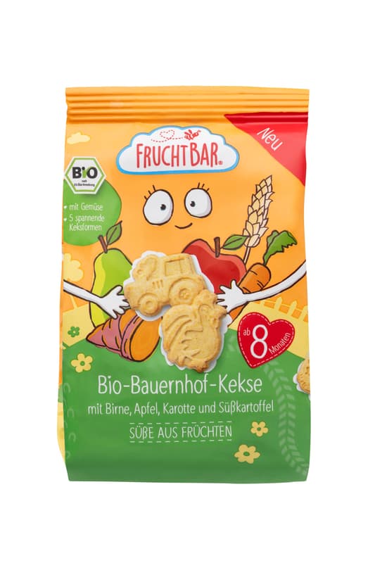 FruchtBar Bio-Bauernhof-Kekse mit Birne, Apfel, Karotte und Süßkartoffel